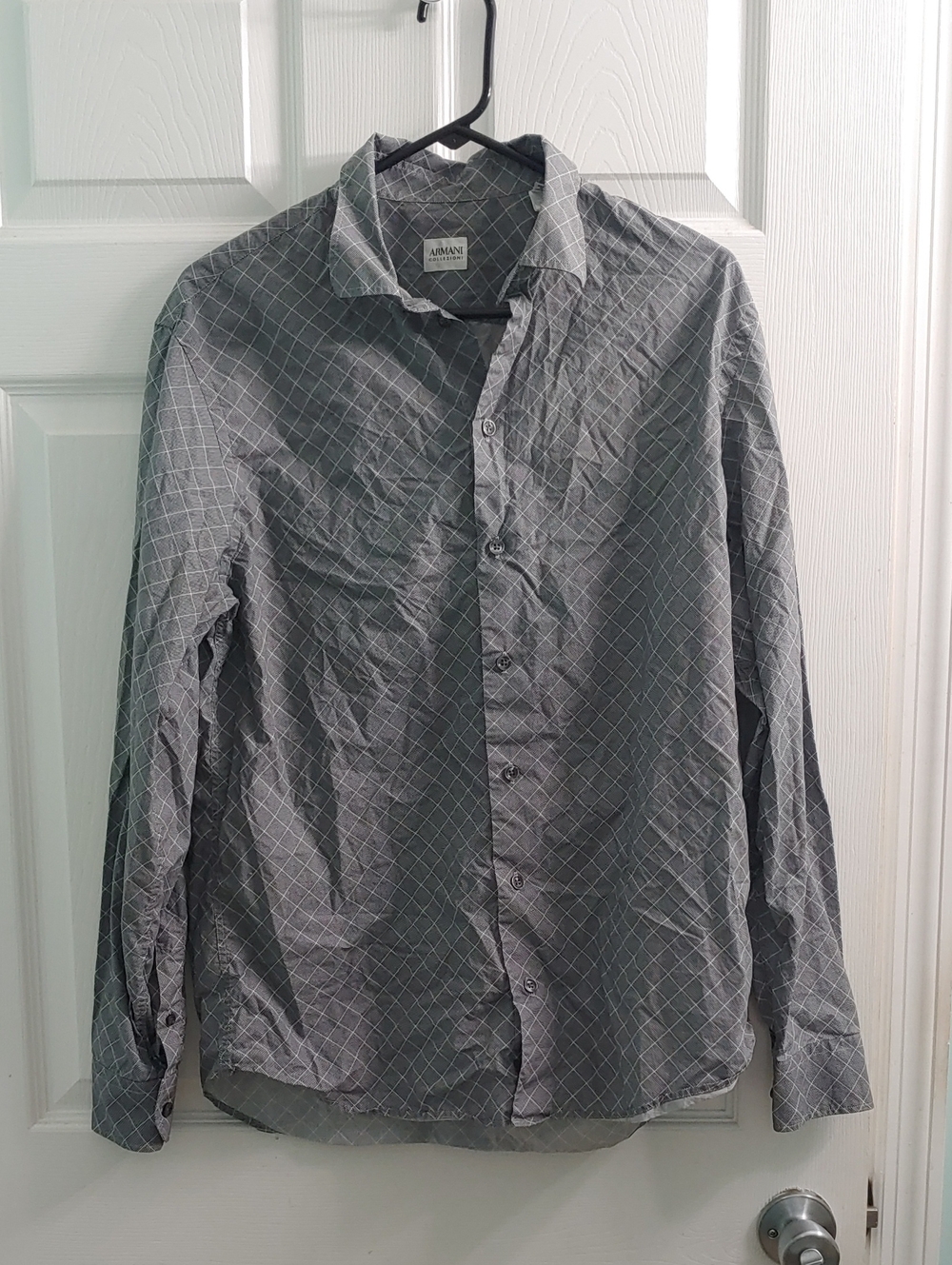 Armani Collezioni Men's L Gray Diamond Grid Button Up Dress Shirt
